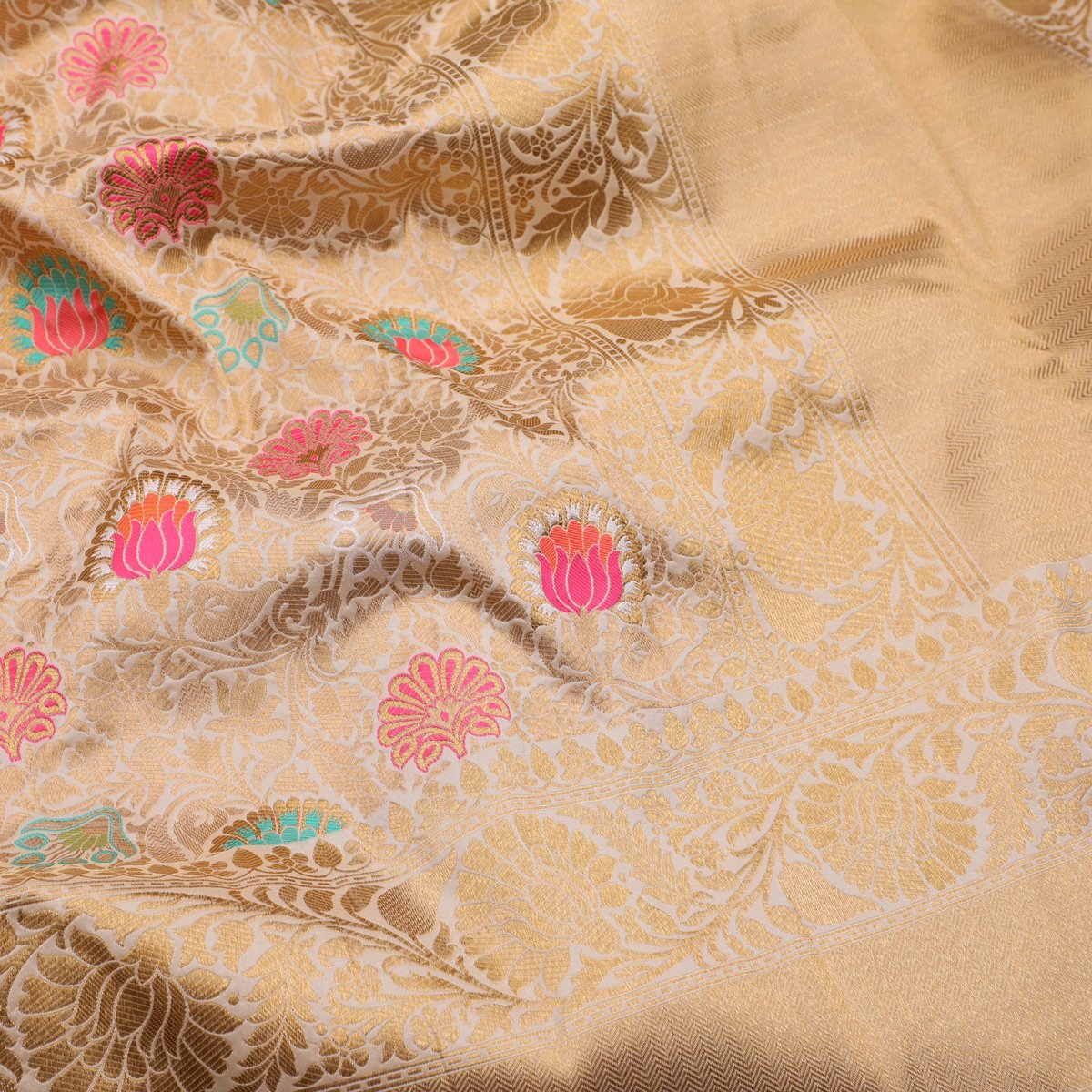 Cream Banarasi Silk Saree - WeaveinIndia