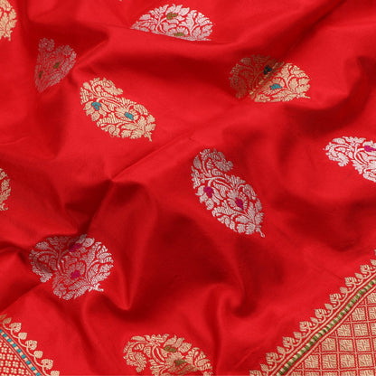 Handwoven Chilli Red Katan Silk Dupatta - WIISDT665 40B - Fabric View