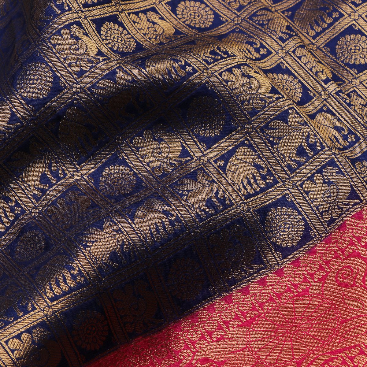 Handwoven Persian Blue Satin Zari Tanchoi Kanjivaram Silk Sari - WIISHNIKARIDNAM038 - Fabric View