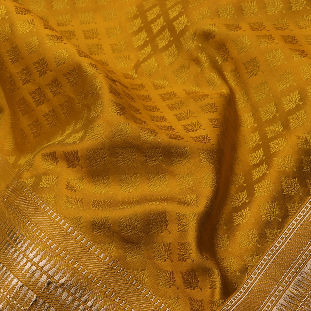 Handwoven Banarasi Tanchoi Mustard Yellow Silk Sari - WIIBT0097 - Fabric View
