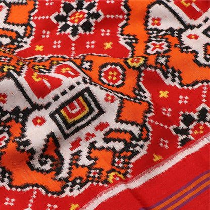 Handwoven Vermilion Red and Pop Orange Chhabadi Kunj Patan Patola Ikat Sari -WIITNKP002 - Fabric View
