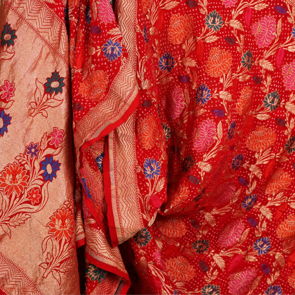 Handwoven Chilli Red Bandhini Silk Georgette Dupatta - WIIAJB100-A - Design View