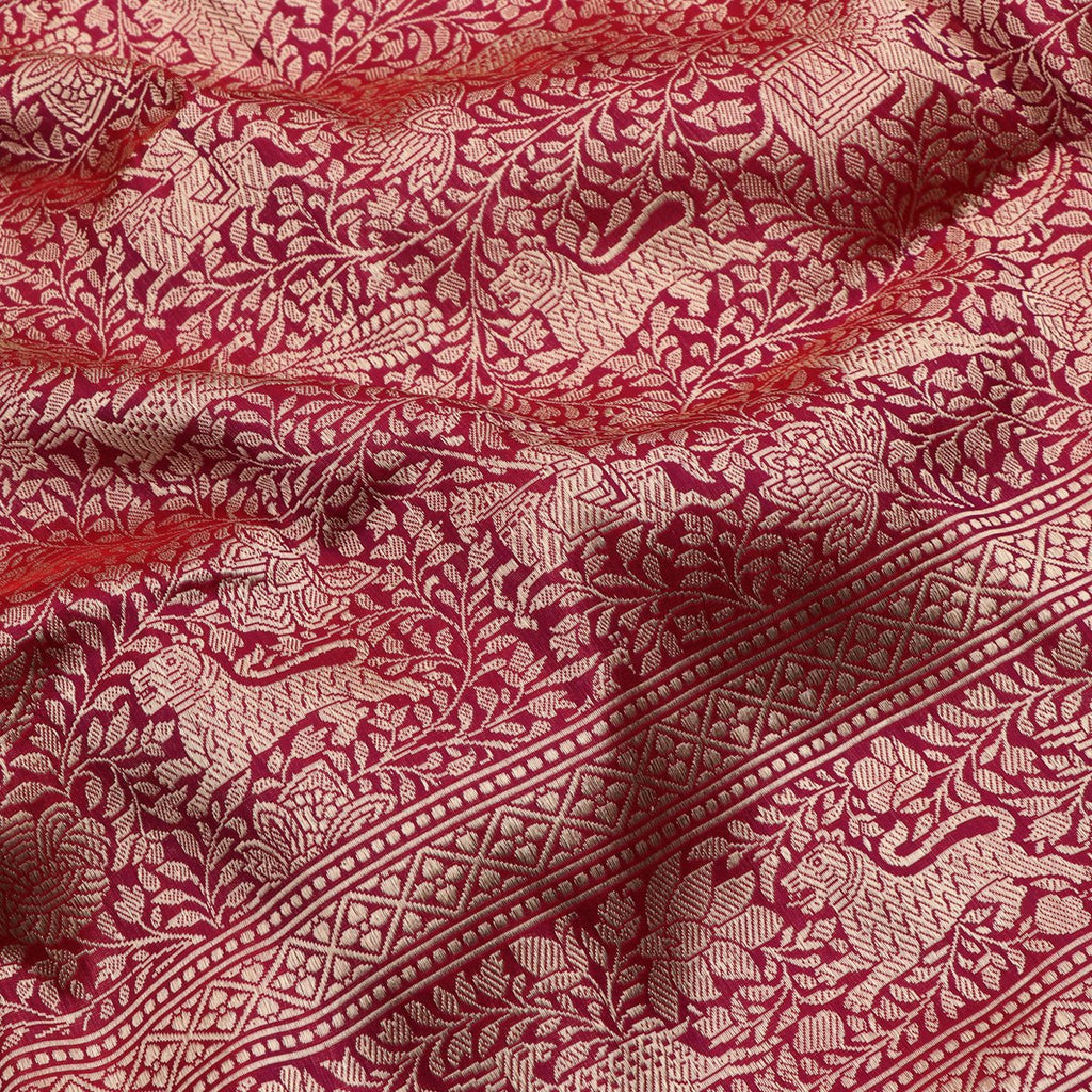 Handwoven Burgundy Red Banarasi Silk Sari - WIIKBDA006 - Fabric View
