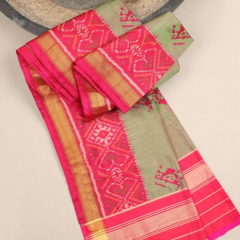Green Single Ikat Dupatta - WeaveinIndia