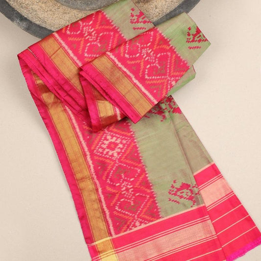 Green Single Ikat Dupatta - WeaveinIndia