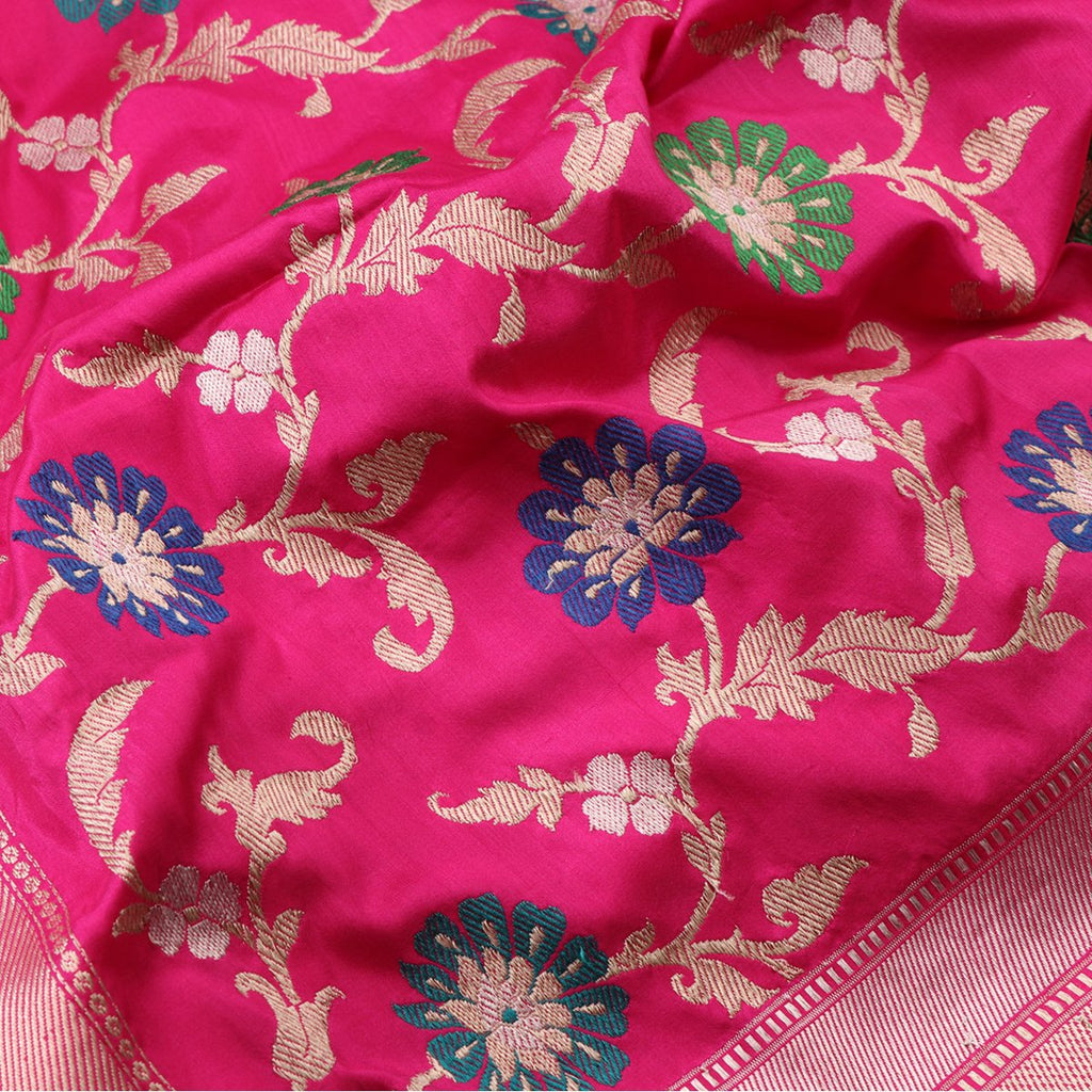 Handwoven Rani Pink Meenakari Banarasi Silk Sari - WIIAM0044 AB - Fabric View