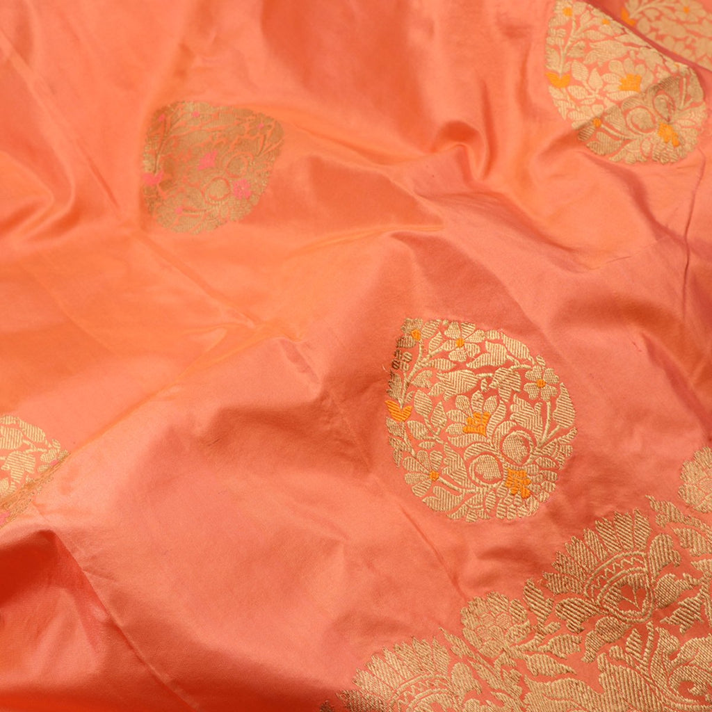 Handwoven Salmon Orange Banarsai Silk Sari - WIIEDT1135 012B - Fabric View