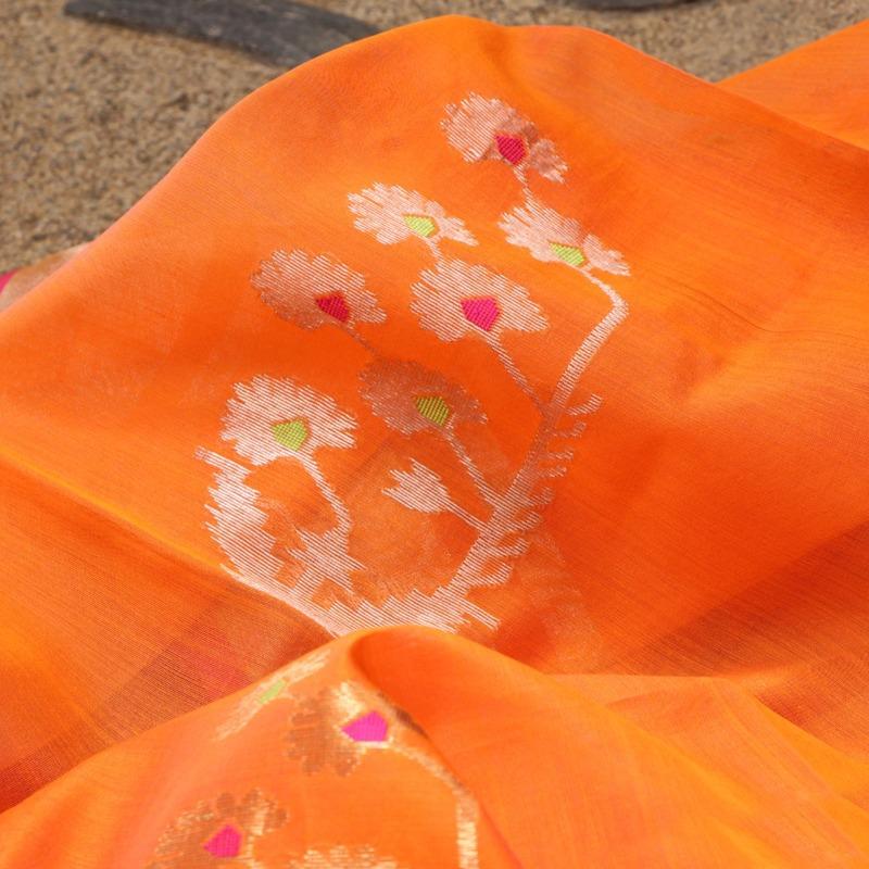 Handwoven Bright Orange Silk Cotton Chanderi Dupatta - WIIAPRI CWMD 6 - Fabric View