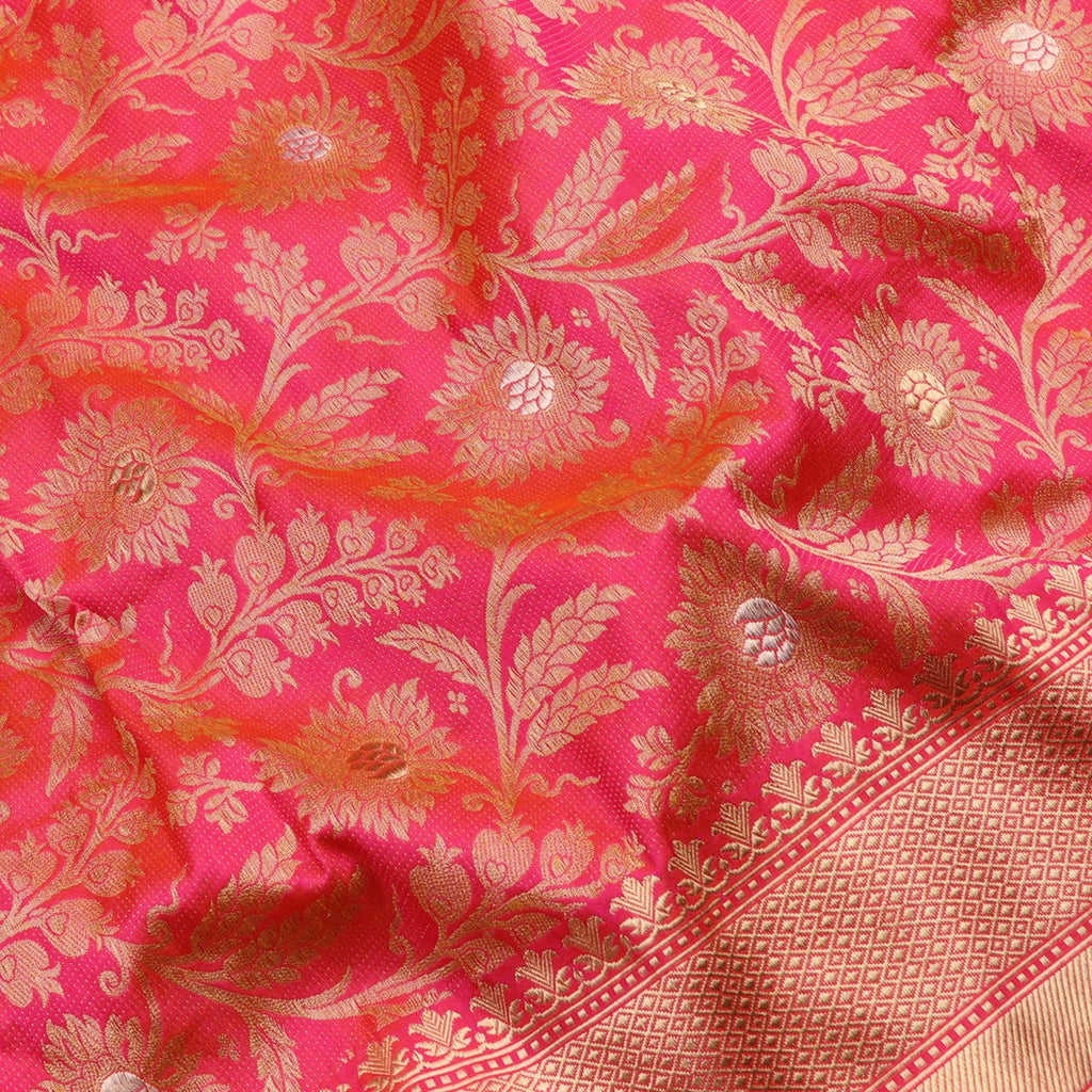 Handwoven Fuschia Pink Banarasi Silk Sari - WIIRJ10120012 - Fabric View