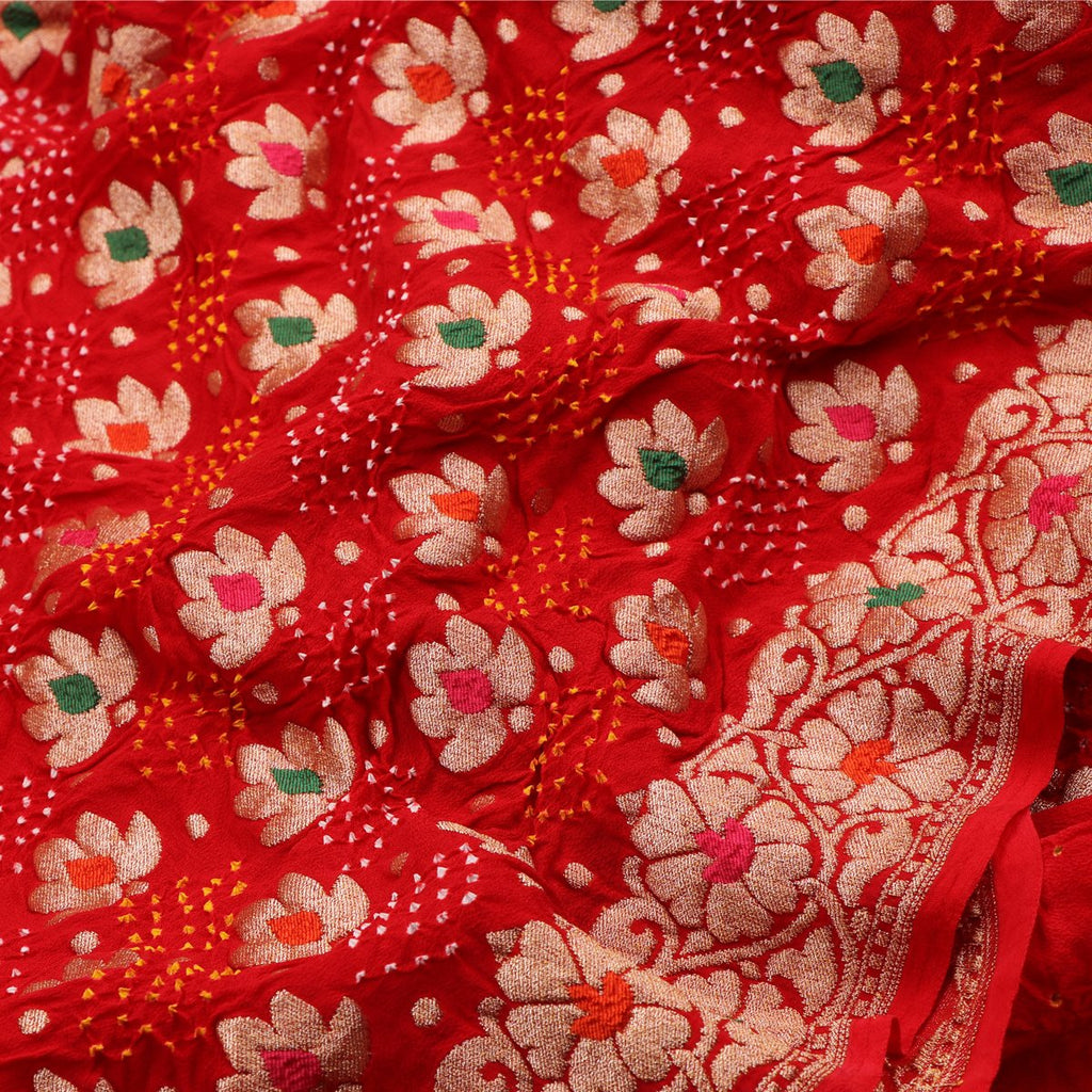 Handwoven Crimson Red Bandhani  Banarasi Georgette Sari - WIIAJB099-1 - Fabric View