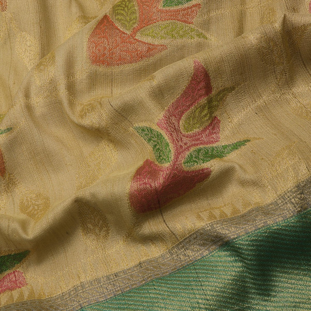 Handwoven Banarasi Khadi Tussar Beige Silk Sari - WIIEDT3446 07 - Fabric View