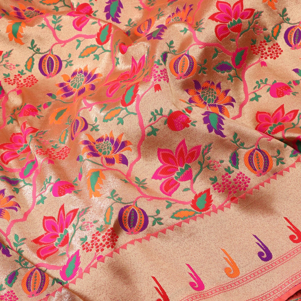 Handwoven Bright Coral Pink Paithani Sari - WIISHNIKARIDNAM0086 - Fabric View