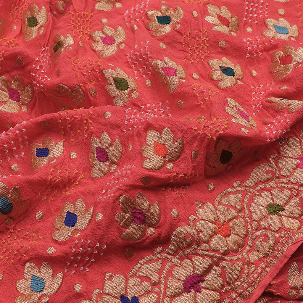 Handwoven Coral Banarasi Bandhani  Meenakari Georgette Sari - WIIAJB092-B - Fabric View