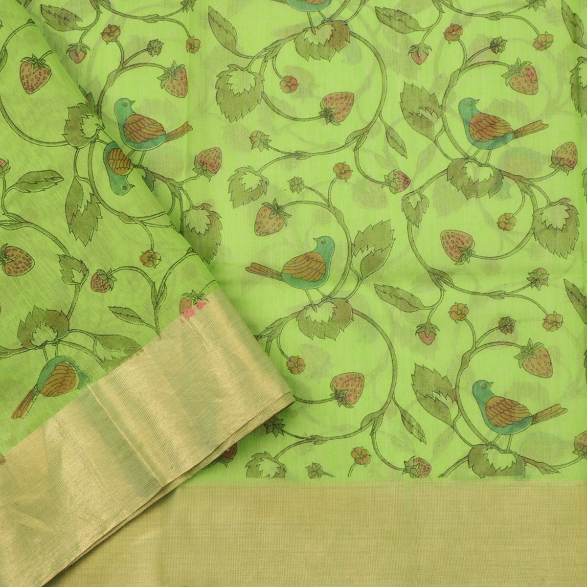 Handwoven Parrot Green Printed Silk Cotton Chanderi Sari - WIIAPRI CPSR0003 - Blouse View