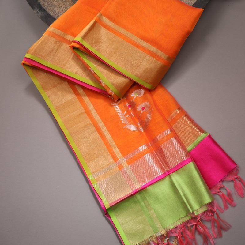 Handwoven Bright Orange Silk Cotton Chanderi Dupatta - WIIAPRI CWMD 6 - Cover View
