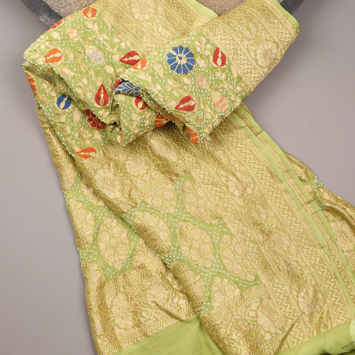 Handwoven Pista Green Georgette Banarasi Bandhani Dupatta - WIIAJB236 113 - Cover View
