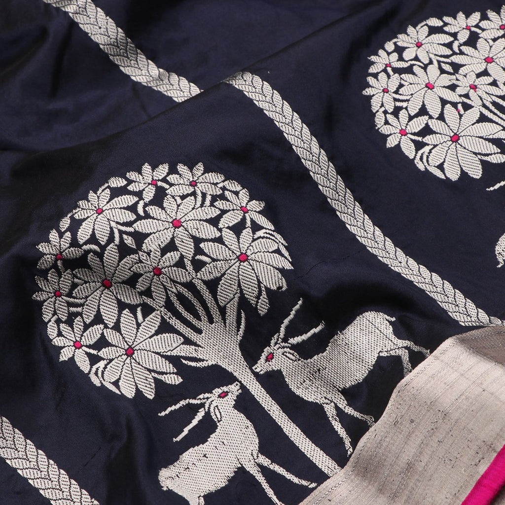Handwoven Black Banarasi Katan Silk Sari - WIIBTARIDNAM005 - Fabric View