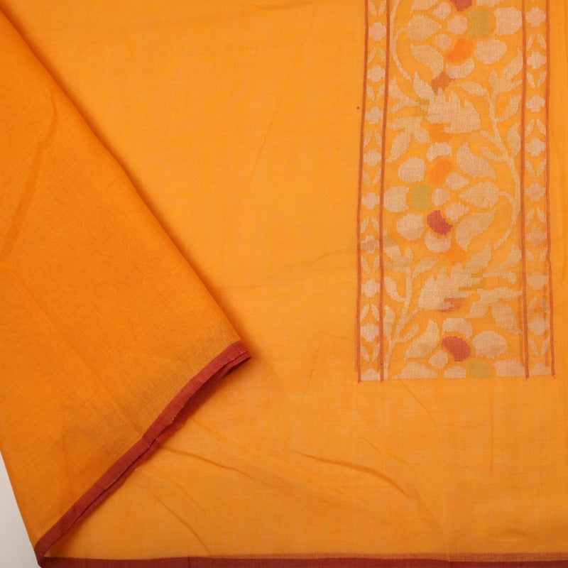 Handwoven Sunset Orange Silk Cotton Jamdani Sari - WIIRJ0147 - Blouse View