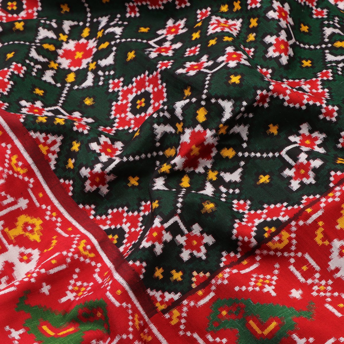 Handwoven Bottle Green Navaratna Patan Patola Sari - WIITNKP006 - Fabric View