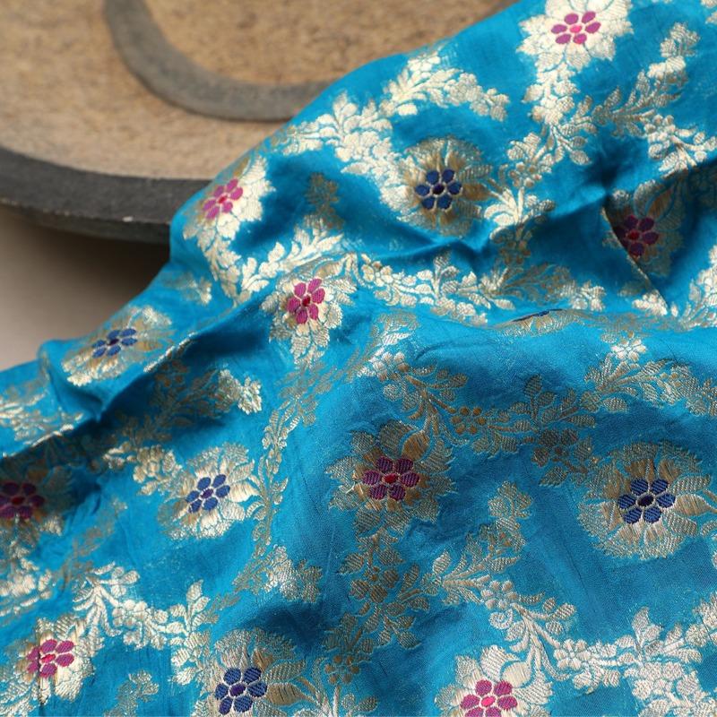Handwoven Blue Banarasi Silk Dupatta - WeaveinIndia