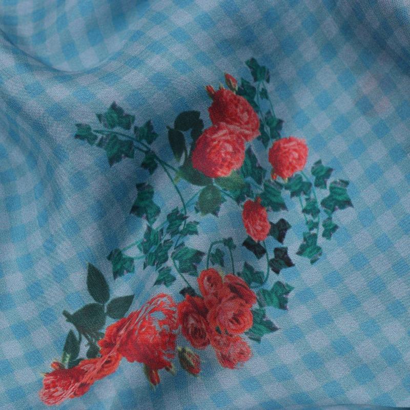 Digitally Printed Blue Chaukdi Gulab Saree - WeaveinIndia