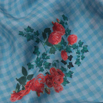 Digitally Printed Blue Chaukdi Gulab Saree - WeaveinIndia