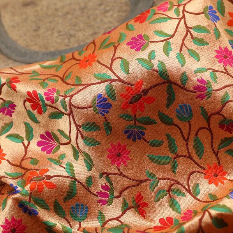 Peachy Orange Paithani Banarasi Silk Dupatta - WeaveinIndia
