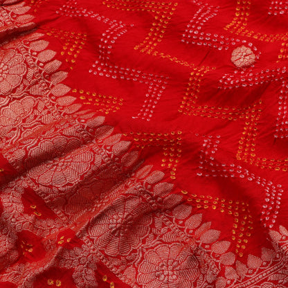Handwoven Chilli Red Banarasi Bandhini Dupatta  - WIIPRK0020 - Fabric View