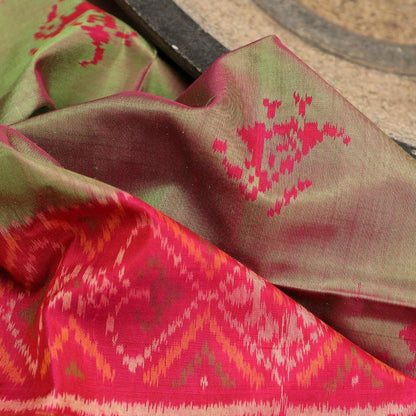 Green Single Ikat Dupatta - WeaveinIndia