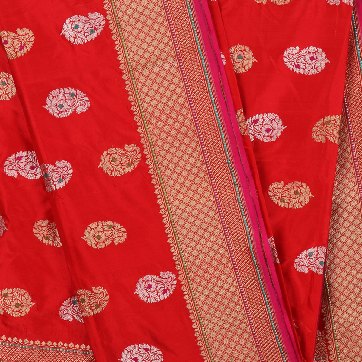 Handwoven Chilli Red Katan Silk Dupatta - WIISDT665 40B - Full View