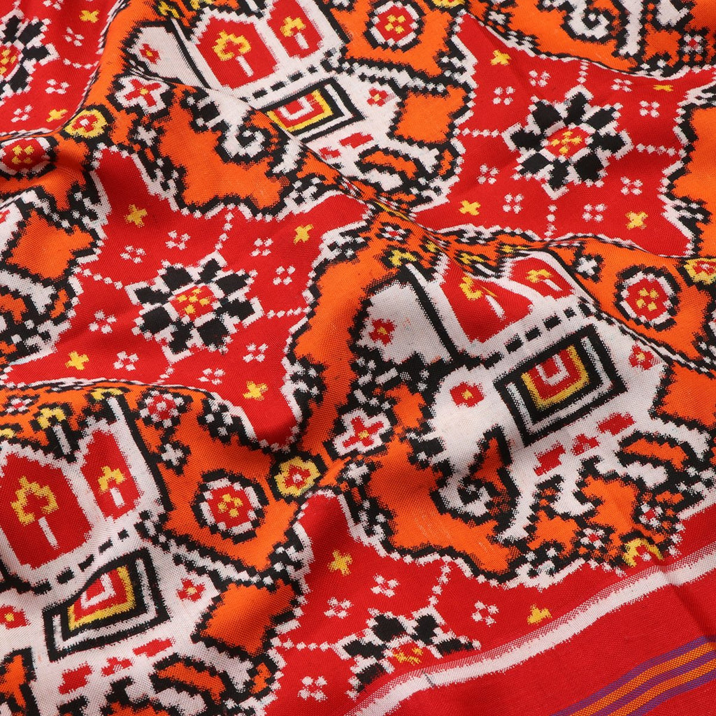 Handwoven Vermilion Red and Pop Orange Chhabadi Kunj Patan Patola Ikat Sari -WIITNKP002 - Design View