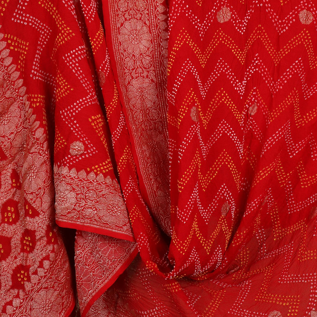Handwoven Chilli Red Banarasi Bandhini Dupatta  - WIIPRK0020 - Full View