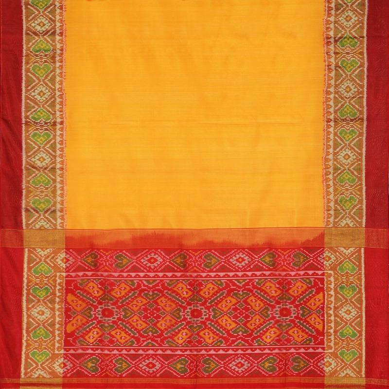 Yellow and Red Single Ikat Patola Sari - WeaveinIndia