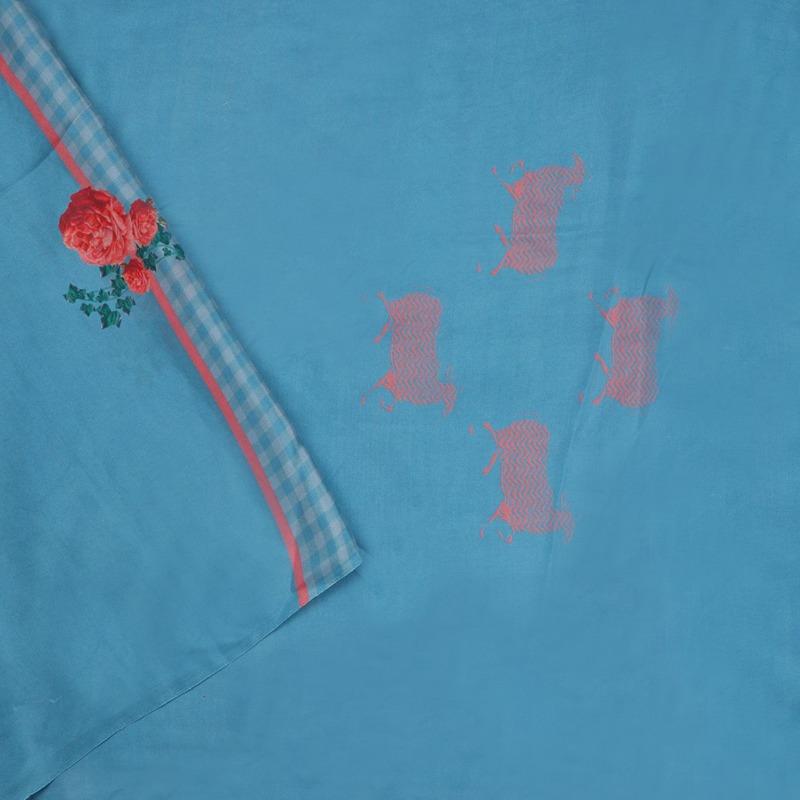 Digitally Printed Blue Chaukdi Gulab Saree - WeaveinIndia
