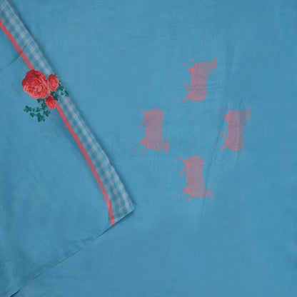 Digitally Printed Blue Chaukdi Gulab Saree - WeaveinIndia