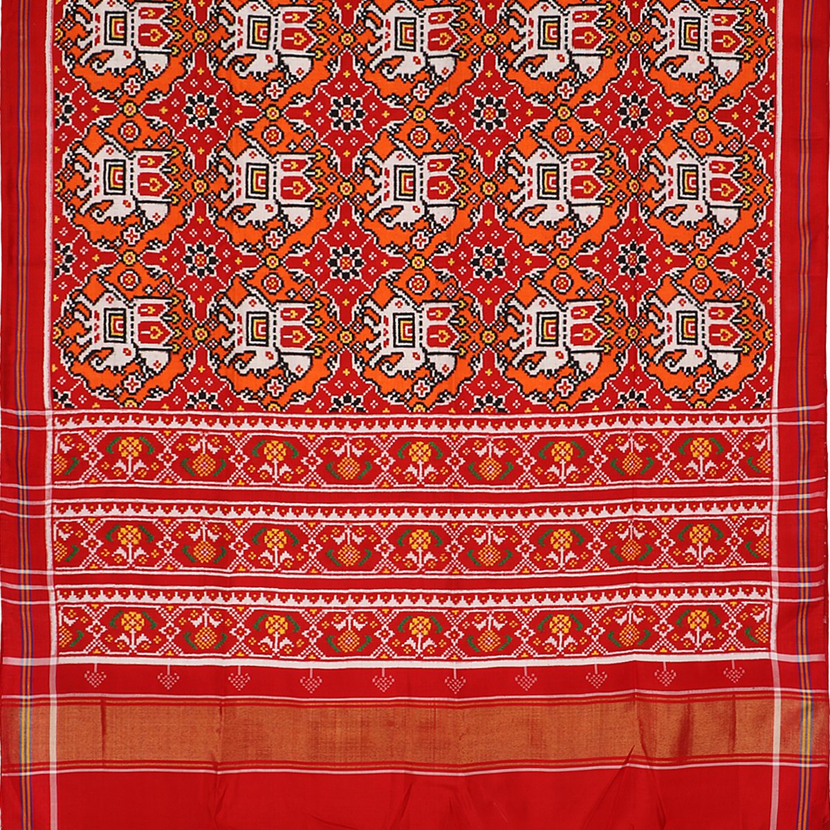 Handwoven Vermilion Red and Pop Orange Chhabadi Kunj Patan Patola Ikat Sari - WIITNKP002 - Full View