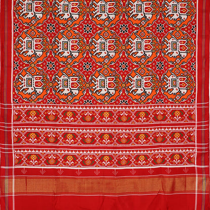 Handwoven Vermilion Red and Pop Orange Chhabadi Kunj Patan Patola Ikat Sari - WIITNKP002 - Full View
