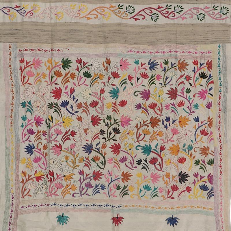 Handwoven Bengal Cotton Sari with Kantha Embroidery - WIIARIDNAMSS114 - Full View