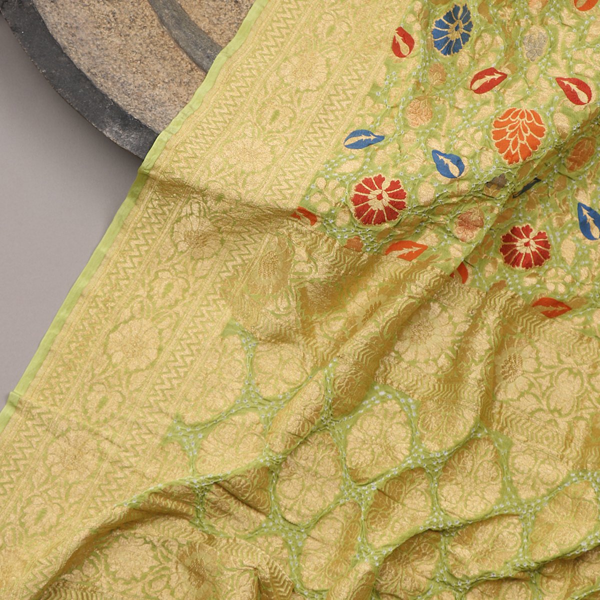 Handwoven Pista Green Georgette Banarasi Bandhani  Dupatta - WIIAJB236 113 - Fabric View