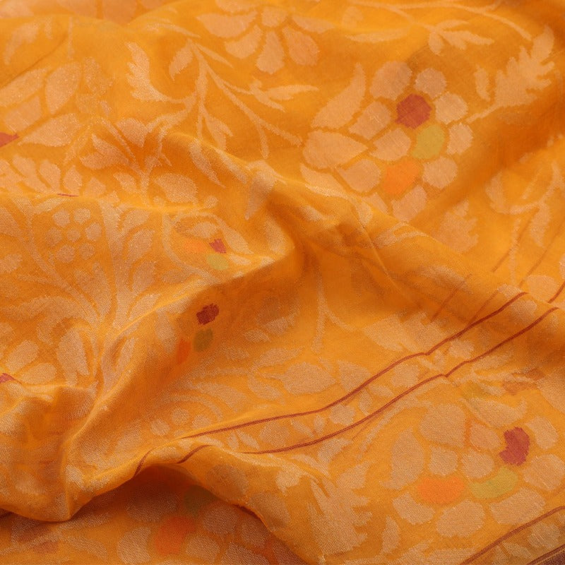 Handwoven Sunset Orange Silk Cotton Jamdani Sari - WIIRJ0147 - Fabric View 2