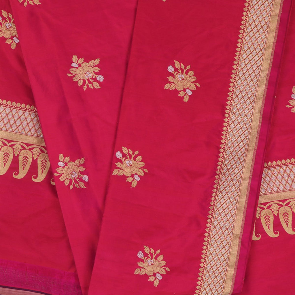 Handwoven Cherry Red Banarasi Katan Silk Dupatta -WIIAM0127(5) - Full View