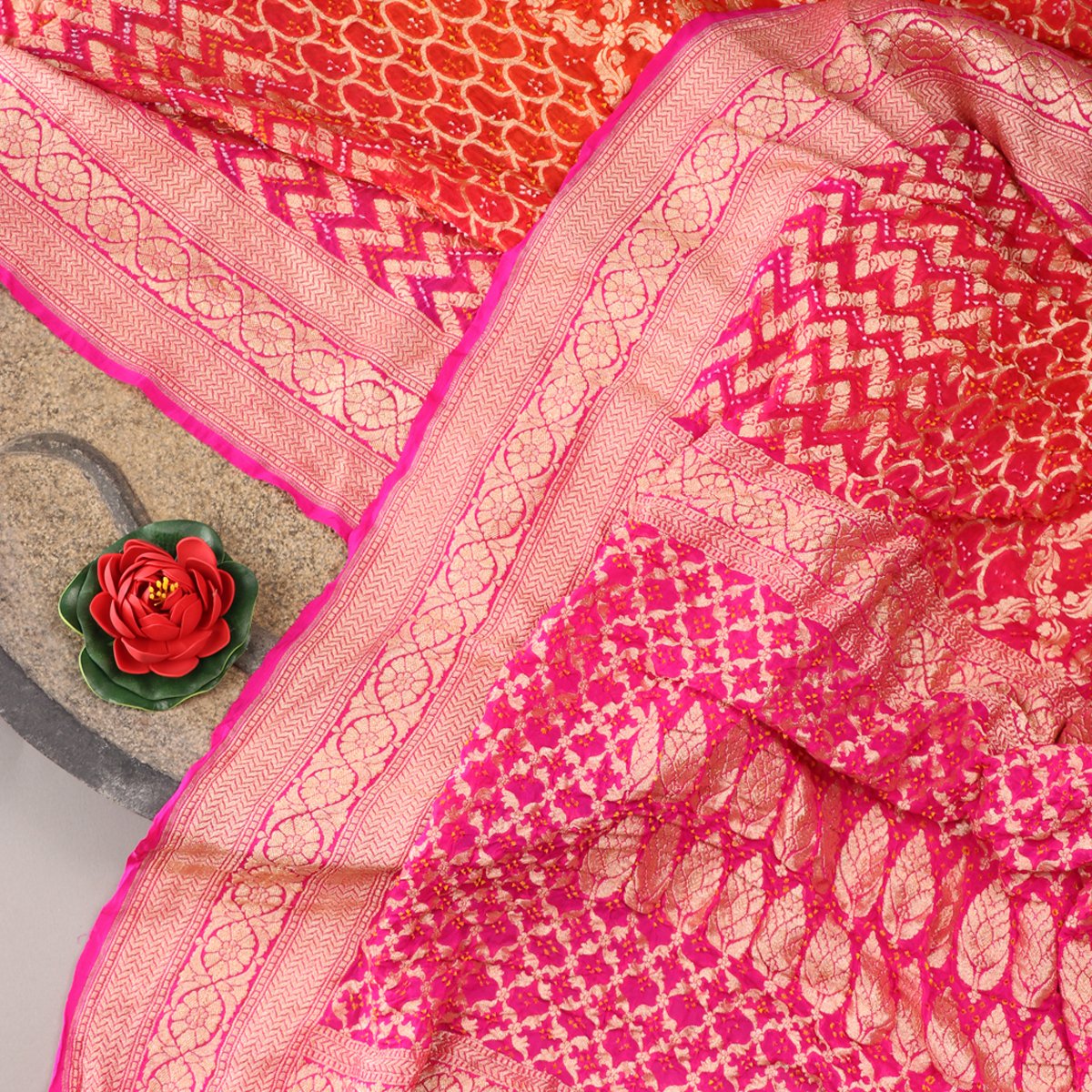 Handwoven Rani Pink and Chilli Red Silk Georgette Banarasi Bandhani  Sari - WIIAJB257 116(2) - Full View