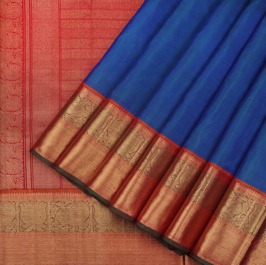 Dual Tone Peacock Blue Kanjivaram Silk Saree - WeaveinIndia