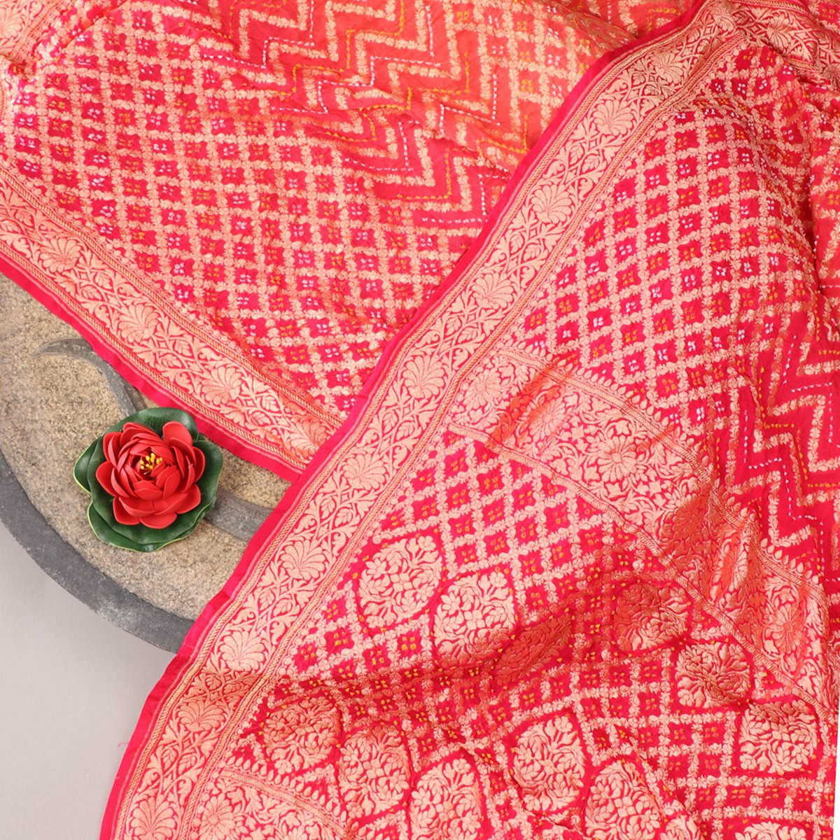 Handwoven Chilli Red Silk Georgette Banarasi Bandhani Sari - WIIAJB257 116(1) - Full View