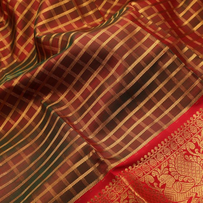Handwoven Crimson Red and Green Kanjivaram Muhuratham Silk Sari - WIIARIDNAM078 - Design View