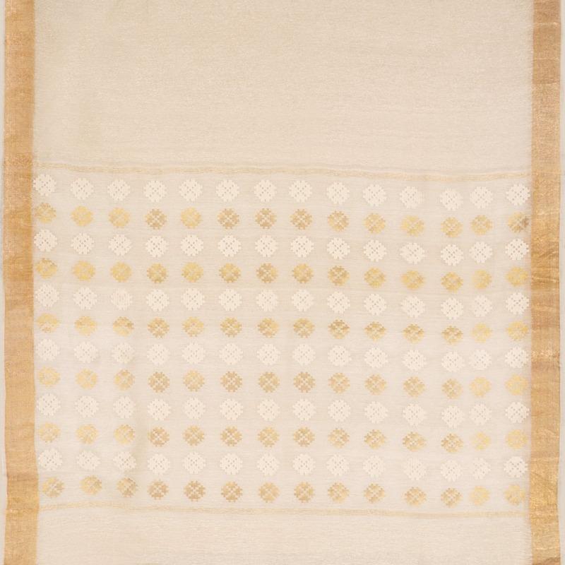Handwoven Off-White Muga Tussar Silk Sari With Butta Pallu-WIIGS042-Full View