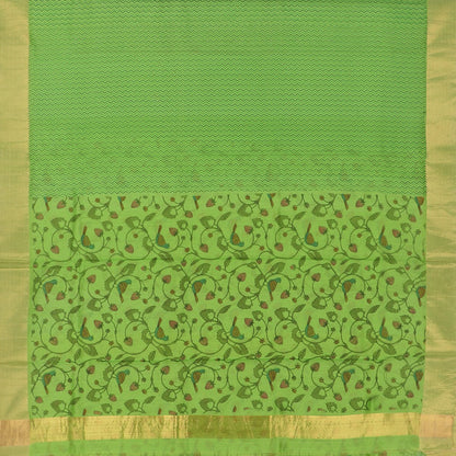Handwoven Parrot Green Printed Silk Cotton Chanderi Sari - WIIAPRI CPSR0003 - Full View
