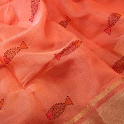 Handwoven Papaya Orange Silk Cotton Chanderi Sari - WIIAPRI CPSR0004  - Fabric  View