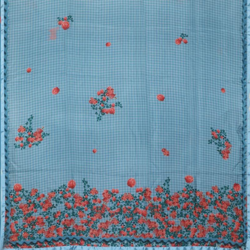 Digitally Printed Blue Chaukdi Gulab Saree - WeaveinIndia