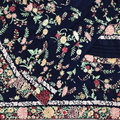 Navy Blue Hand Embroidered Parsigara Saree -Pre Order